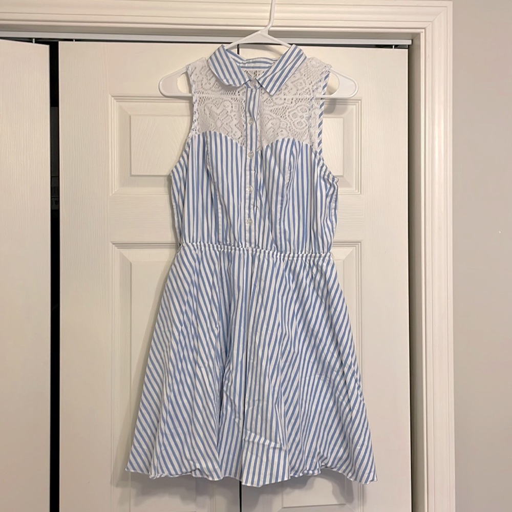 Striped blue and white sweetheart neckline with crochet detail